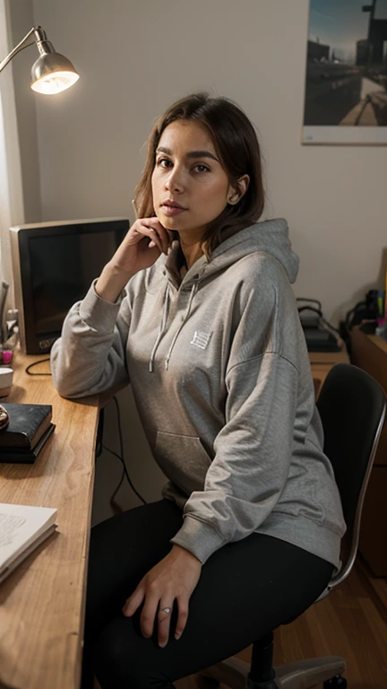 23-year-old woman wearing an Adidas brand sweatshirt with glasses, en un cuarto de una casa de bajos recursos,