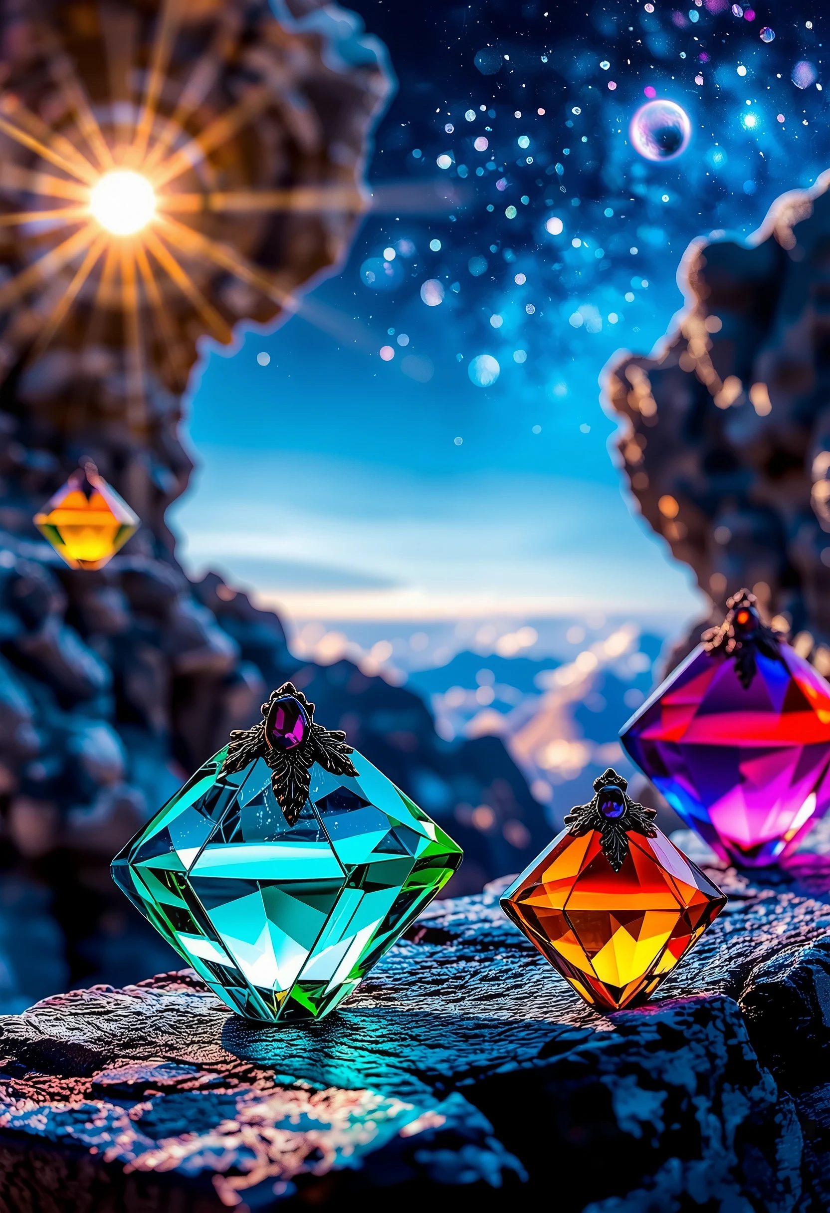 (The most amazing scene ever created:1.0), (Fantasy art:1.0), (Masterpiece:1.0), (Best Quality:1.0), (amazing quality:1.0), (sharpest focus:1.0), (Ultra-realistic Photo:1.0), (Ultra-precise Photo:1.0),
(Depth of field:1.0), (super fine:1.0), (16k:1.0), (incredibly absurdres:1.0), (extremely detailed:1.0), (delicate and dynamic:1.0), (very aesthetic:1.0), (absurdres:1.0), (beautiful face and eye:1.2), (perfect anatomy:1.2),
Numerous jewelry pieces made of transparent glass, (A myriad of seven extremely colored shimmering colors, flickering in the transparent glass), (Three-dimensional, multilayered glass jewelry),
(Glass jewelry with the most beautifully shining shapes, according to optical theory and mathematics such as reflection and refractive index),
Numerous glass jewelry pieces flickering with 7 colors of sparkling polarized light,
Exquisite light reflecting diffusely and intricately in the glass, A myriad of seven extremely colored shimmering colors, flickering in the transparent glass,
Beautiful countless 7-color flashing lights, The theme of the space is seven shimmering colors of light, and you can feel the endless depth of the space,
Vibrant colors, Mystical beauty, Fantastic beauty, unimaginable beauty, beauty beyond imagination, Overwhelmingly written images,