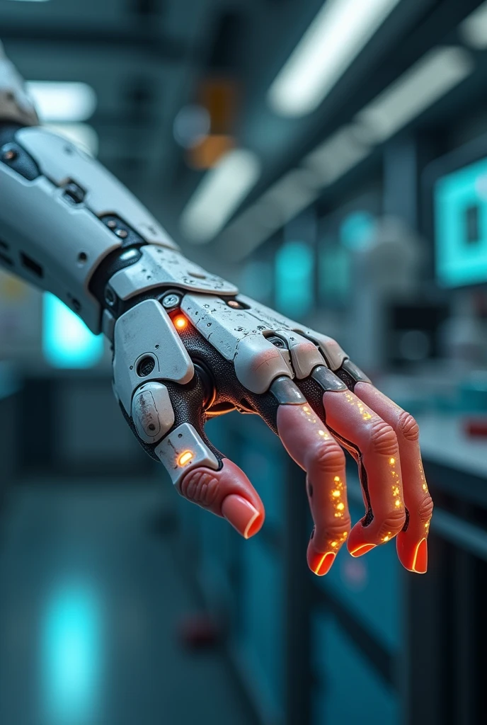 A human arm，is a circuit product of symbiosis between mechanical limbs and biological tissue。The finger at the end of the，The surface of {x} has complex luminescence and luminescence energy nodes。The background is a high-tech laboratory，perfectly blends with the mechanical part，The biological tissue part is light pink。The joints of the prosthetic part are flexible，end has a realistic skin texture，fingernails shimmer。The mechanical part is composed of metal and carbon fiber，full of various instruments and displays。