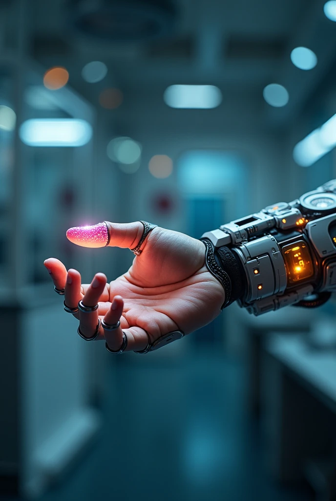 A human arm，is a circuit product of symbiosis between mechanical limbs and biological tissue。The finger at the end of the，The surface of {x} has complex luminescence and luminescence energy nodes。The background is a high-tech laboratory，perfectly blends with the mechanical part，The biological tissue part is light pink。The joints of the prosthetic part are flexible，end has a realistic skin texture，fingernails shimmer。The mechanical part is composed of metal and carbon fiber，full of various instruments and displays。