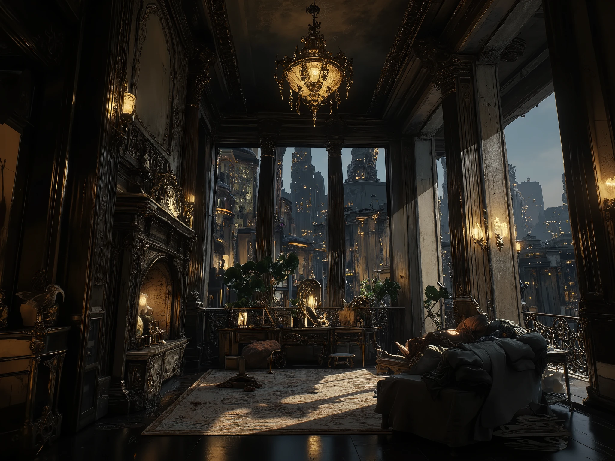 luxury penthouse interior in dark colors in modern style, haunted