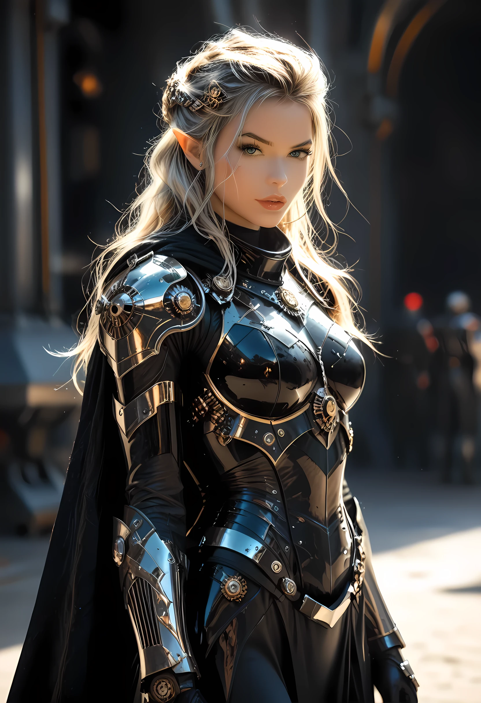 a picture black and white (only colors are black and white and  green) of a mech female elf, space swashbuckler, sci  fi  fencer, armed with a laser gun, metallic shine, full body, epic beautiful female elf, blond hair, long hair, billowing hair, small pointed ears, wearing  blue cloak, long cloak, wearing elven intricate white mech armor, delicate mech armor, shiny rubies studded in the armoe,  small cleavage, sense of daring, sense of adventure space station background, high details, best quality, 16k, [ultra detailed], masterpiece, best quality, (extremely detailed), dynamic angle, ultra wide shot, photorealistic, RAW, fantasy art, realistic art,((best quality)), ((masterpiece)), (detailed), perfect face, Mechanical parts, fantasy, niji, gothic, erotic, anime
