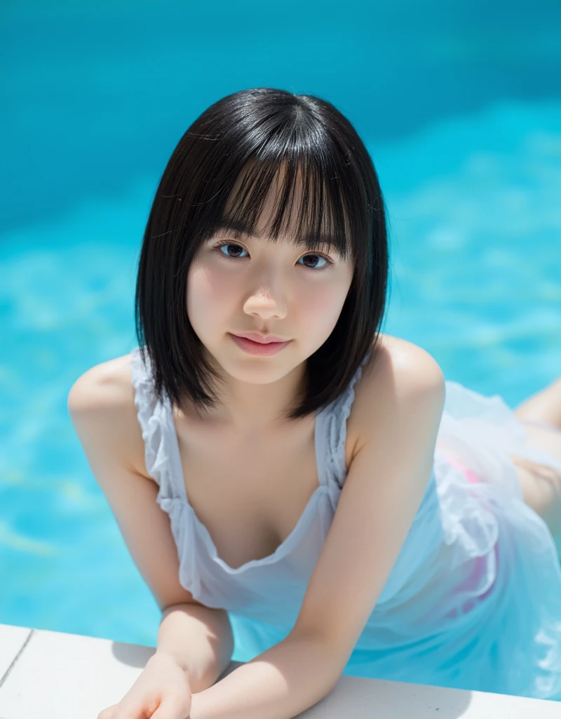 (Browsing Caution:1.3), (1 person,(Extremely thin muscles),beautiful ,Big Breasts,Pale skin,Pointed Chest,Erect nipples),(Surrealist,(8k),Surreal,Attention to detail,High resolution,Highest quality,masterpiece,before,dynamic,bold),(Thinning hair:2),(Soft bristles:2),(Straight hair]1.5),Long bangs swaying,Ultra-lightweight copper amber hair,Hair covering one eye,(Sexy high cut swimsuit with high exposure 1.5),Poolside