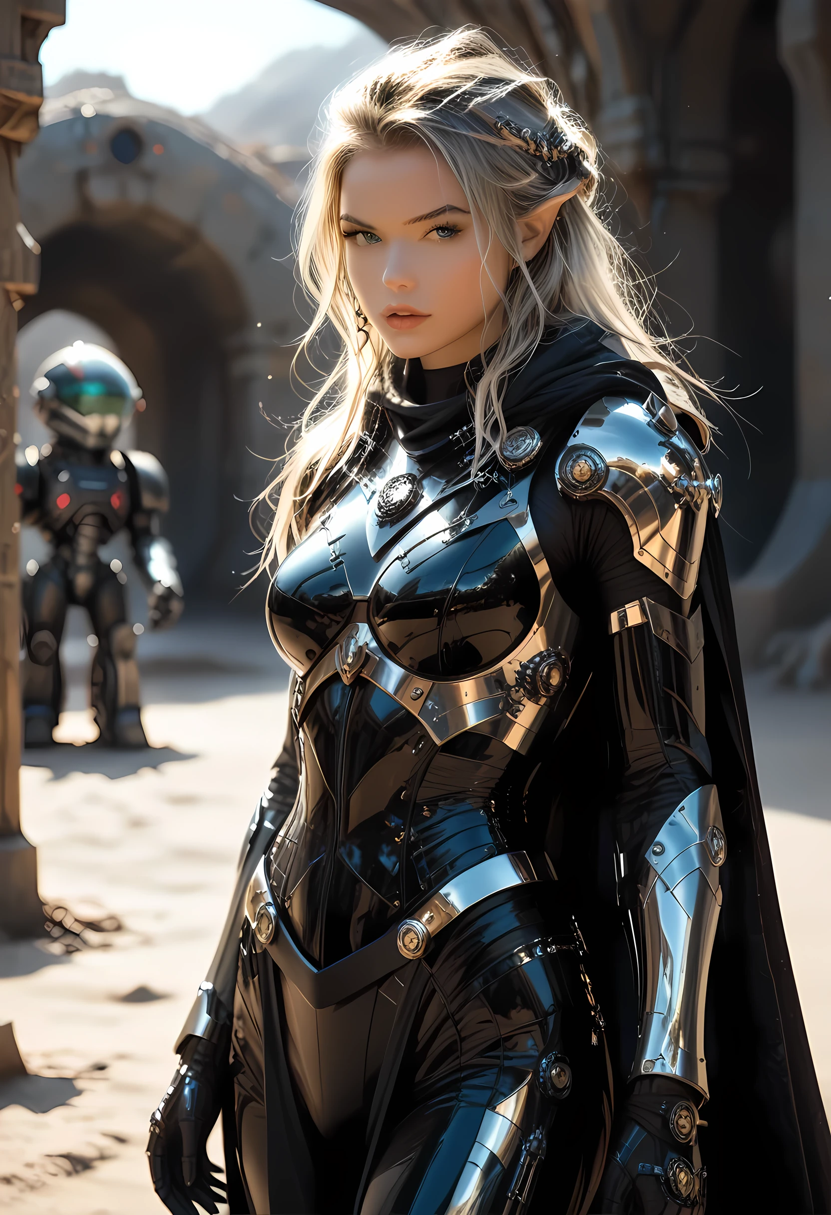 a picture black and white (only colors are black and white and  green) of a mech female elf, space swashbuckler, sci  fi  fencer, armed with a laser gun, metallic shine, full body, epic beautiful female elf, blond hair, long hair, billowing hair, small pointed ears, wearing  blue cloak, long cloak, wearing elven intricate white mech armor, delicate mech armor, shiny rubies studded in the armoe,  small cleavage, sense of daring, sense of adventure space station background, high details, best quality, 16k, [ultra detailed], masterpiece, best quality, (extremely detailed), dynamic angle, ultra wide shot, photorealistic, RAW, fantasy art, realistic art,((best quality)), ((masterpiece)), (detailed), perfect face, Mechanical parts, fantasy, niji, gothic, erotic, anime