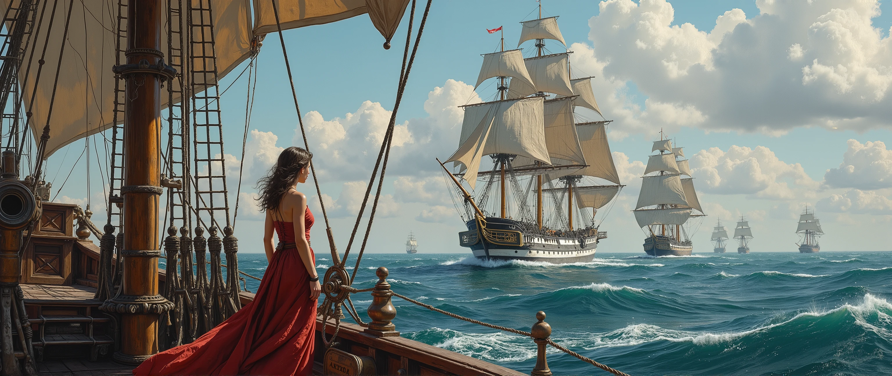 epic oil painting , 16 thousand., photo quality, The fantasy zone , science fiction, fantastic landscape with warships, portrait of the captain's girlfriend standing at the helm of her frigate, dangerous mangrove planet with mangrove swamps , Raging ocean, Battle of the Great Armada's battleships, three-deck sailing frigate, with a scrupulous drawing of all the small details, detailing with thousands of small details , epic oil painting , view of the landscape from a very high altitude, close-up of a smelling flower, 16 ,