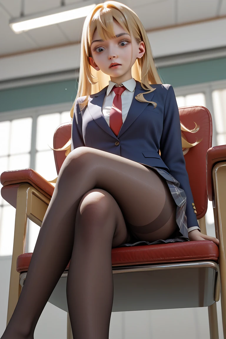 1girl, solo, long hair, breasts, looking at viewer, blush, smile, bangs, skirt, blonde hair, brown hair, shirt, thighhighs, long sleeves, bow, brown eyes, sitting, closed mouth, , jacket, full body, white shirt, braid, thighs, pleated skirt, collared shirt, indoors, bowtie, red bow, feet, white thighhighs, lips, legs, parted bangs, plaid, toes, plaid skirt, no shoes, blazer, blue jacket, red bowtie, knees up, on floor, chalkboard, asuna \(sao\)