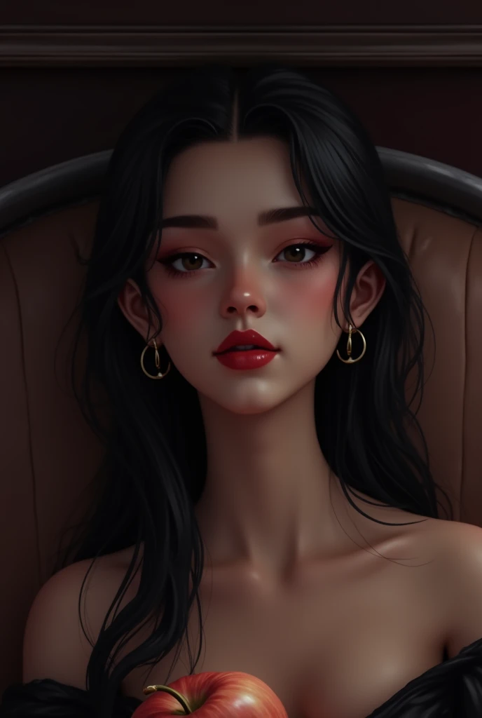 Asian woman araffed in a black dress lying on a bed, 🤤 girl portrait, bright digital painting, realist cute girl painting, shiny skin, realist, guweiz style artwork, korean girl, Inspired by, ig model | artegerm, realist digital painting. Jenna Ortega.with