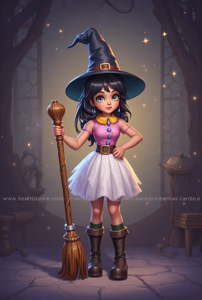 European and American cartoon characters, original character design, hand-drawn drafts, solo, wand, hat, flower, smile, 1girl, witch hat, holding wand,  closed eyes, holding,  cape, blush, fat, hand on hip, purple headwear, full body, plump, standing, apron, dress, purple cape, hat flower, witch<lora:Cartoon characters:0.7>