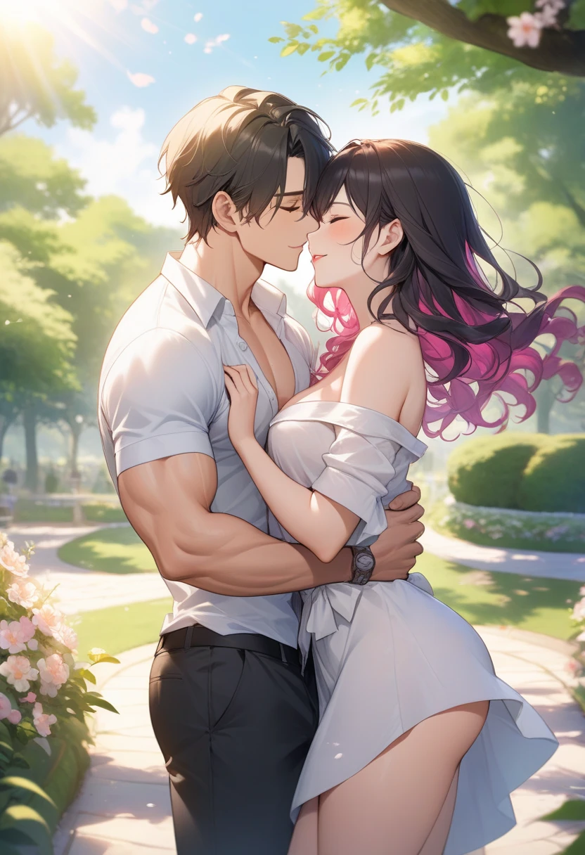 (masterpiece:1.3),(最high quality:1.4),(Very detailedな:1.5),High resolution,Very detailed,8k,artwork,High level of detail,rendering,high quality,Wide range of colors, ((Absurd, taller than, Ultra HD)) 1 male, 1 female,mature, Kiss each other, Girl sitting at the sink, The man stood in front of her、Bend slightly towards her, The man is shirtless, Wearing blue jeans ,woman wearing beautiful pink dress, Wisteria flowers blooming all around, beautiful, landscape, romantic,((calm and romantic expression:1.2)) ,Pixiv, Digital Painting, Manly men, beautiful elegant woman, (Stylish grey hair for men), (Women's long brown hair)