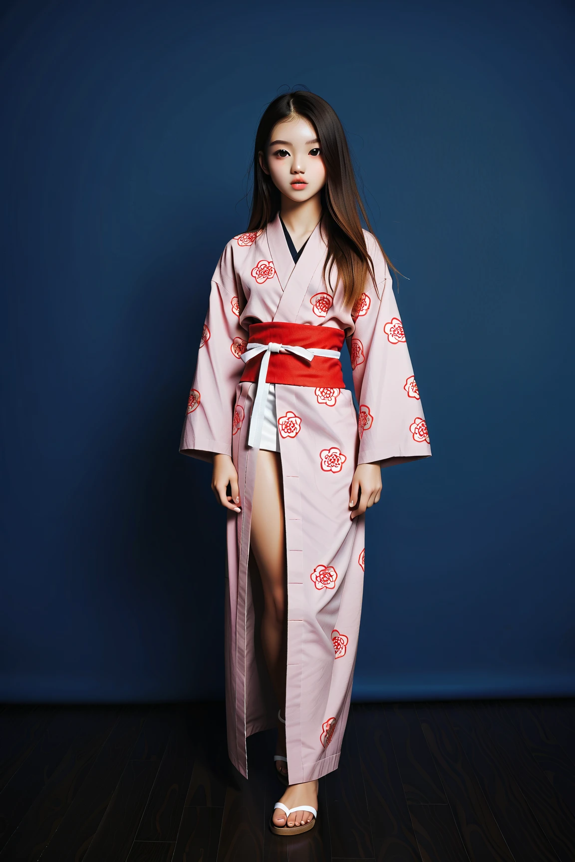 ((Best quality, 8K, Masterpiece :1.3)), Sharp focus:1.2 ， Photorealsitic，(Cinematic lighting)，Facial detail texture. Eye details. Double eyelids, Slender body. Super small breasts, 12-year-old girl, photo-realistic:1.37，Perfect eyes, ((1 Girl in underwear yukata))，（white sash），(Thick fabric)，((Ragged linen))，With a petite figure，brunette color hair，Long hair draped loosely，Qi bangs，Stand in a cold pool，Full body like，Clothing covers the whole body，folds，((solid color backdrop))，is shy，Be red in the face