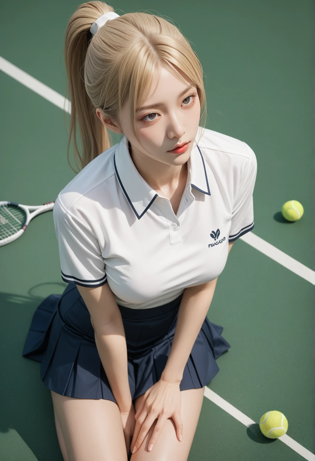 masterpiece, high res, 4k, (perfect anatomy:1.5), perfect long legs, perfect arms, cute face, rose cheeks, white stockings, tennis player, cute black and white tennis outfit, mini pleated skirt, full body, long blonde hair with white bows and ribbons, pigtails, tiny body