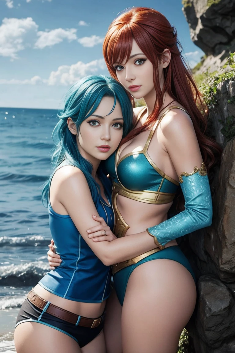 cute redhead woman in twin tails, multiple rainbow colored hair, sky-blue eyes, happy, Ukrainian, petite, pale skin, wearing a green metallic color bikini, lightning striking a lake in Scotland, photo realistic woman. --auto