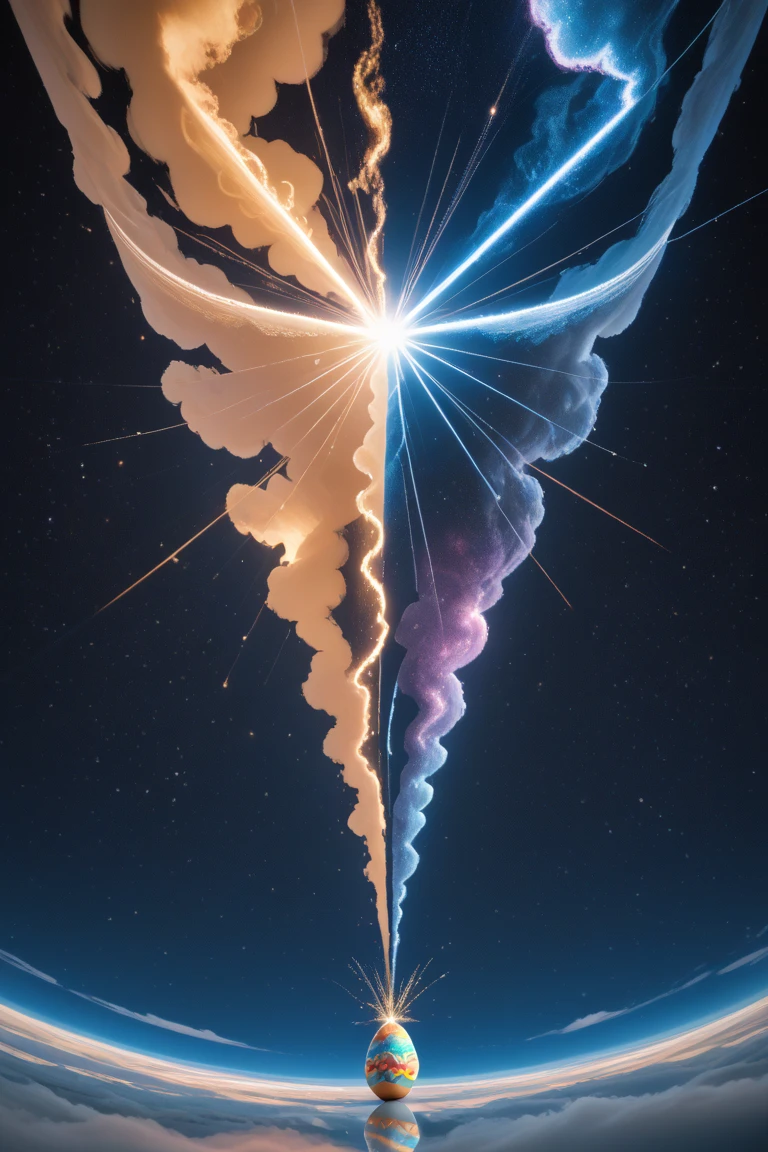 "Intricate, abstract visualization: A pulsating Easter egg shape composed of interwoven, iridescent sound frequency ribbons and flowing light particles in deep space. Complex geometric sound patterns radiate outwards in 4K hyperdetail, colliding with cosmic dust clouds, causing them to ignite in cymatic patterns of vibrant color. Focus entirely on the mesmerizing beauty and complexity of the visualized sound waves originating from the egg. Style of Alex Grey meets astronomical photography."

