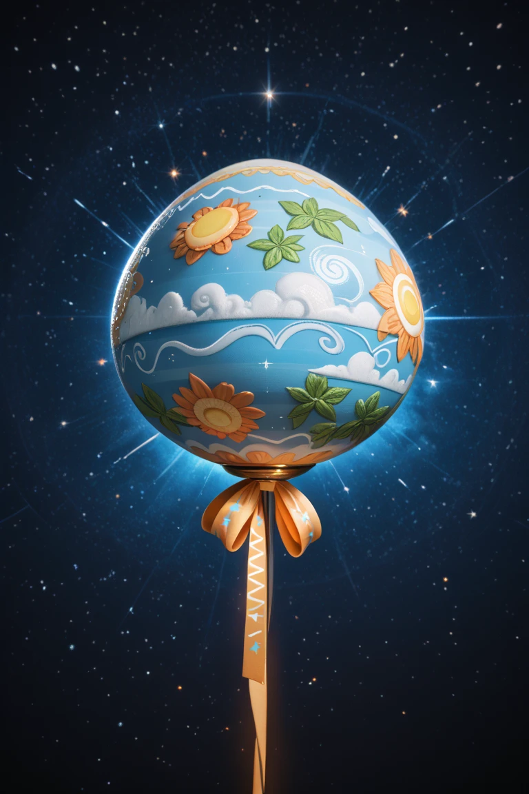 "Intricate, abstract visualization: A pulsating Easter egg shape composed of interwoven, iridescent sound frequency ribbons and flowing light particles in deep space. Complex geometric sound patterns radiate outwards in 4K hyperdetail, colliding with cosmic dust clouds, causing them to ignite in cymatic patterns of vibrant color. Focus entirely on the mesmerizing beauty and complexity of the visualized sound waves originating from the egg. Style of Alex Grey meets astronomical photography."

