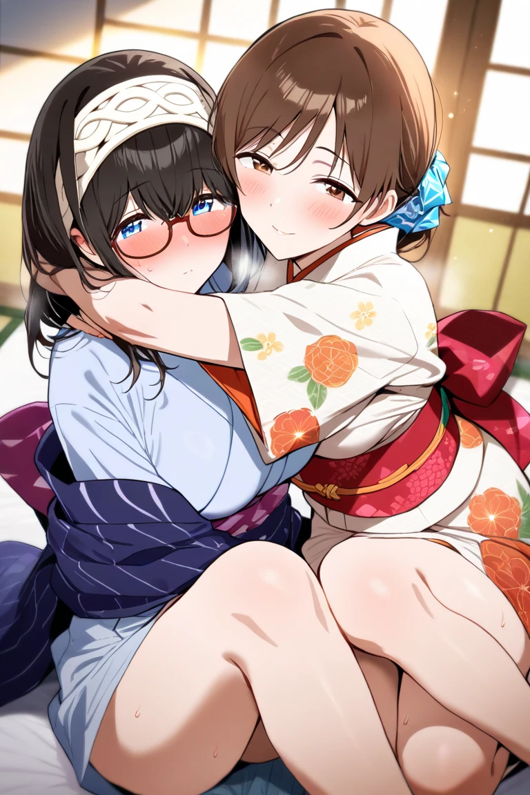 score_9, score_8_up, score_7_up, score_6_up, score_5_up, score_4_up, 1girl, nakano yotsuba, breasts, kimono,, japanese clothes,, blue eyes, orange hair, blush, large breasts, ribbon, hair ribbon, green ribbon yukata, sweat, bangs, collarbone, breasts out, nipples, , bath yukata, sash, short hair,, closed mouth, looking to the side, medium hair, hairband, hair between eyes, white kimono,. tits out of clothes, standing, ass grab, 1boy, nipple sucking, side view, hug, (shota:1.2), naked male, big penis