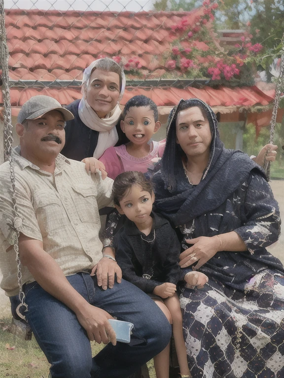 family studio photo, a Dad wearing a maroon shirt, neat hair and smiling, a mom wearing a maroon robe with a pink hijab and smiling, a 9 year old son wearing a maroon shirt and smiling, a 4 year old daughter, wearing a maroon robe with a hijab and smiling .sit close to each other on the sofa.