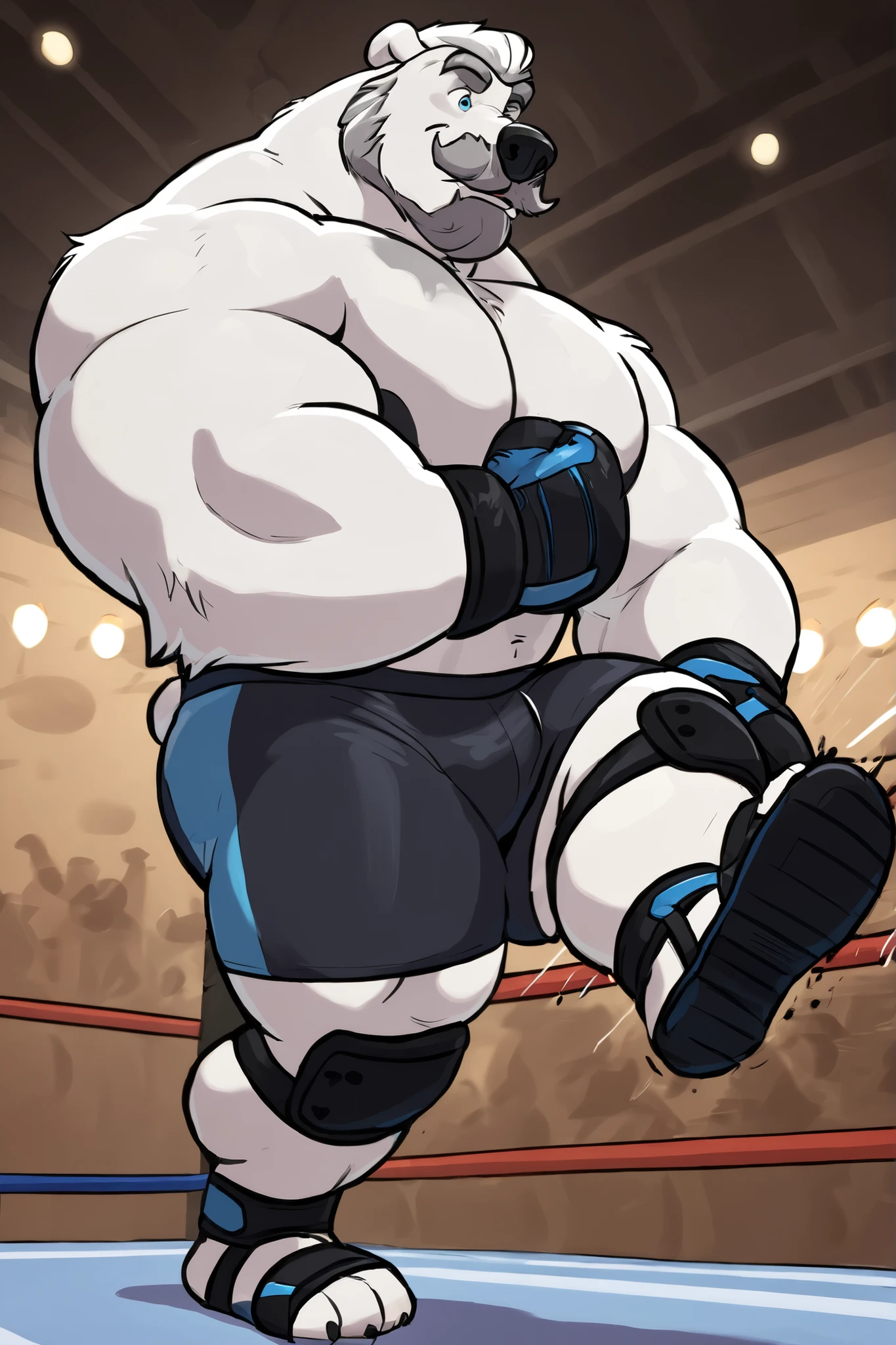 huge muscular polar bear at ZPD's gym, big strength, polar bear, huge white fur, thick arm, huge arm, added thick gray mustache, added thick gray beard. Short white hair, (thick muscular, pectoral, wide pectoral, thick arms), 220cm weight: 254kg, gray eyebrows added, detailed eyes, (wearing black MMA shorts with blue colored slits, MMA gloves, ankle support brace), punching and kicking techniques. Disney art style