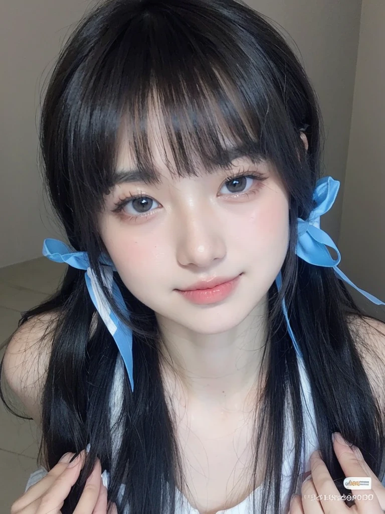 30-year-old woman,Black Hair,Asian,Korean style long hair,Headband,Long Bangs,Blue Eyes,Dark Skin,Riders,Selfie