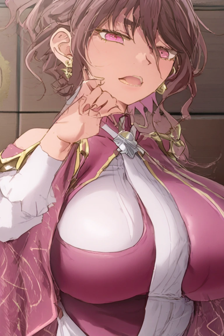Alice, Anime art style, One girl, 一人in, chest, Looking_in_Audience, smile, short_hair, Open_mouth, big_chest, red_eye, hair_between_eye, upper_body, white_hair, :D, Blurred, chef