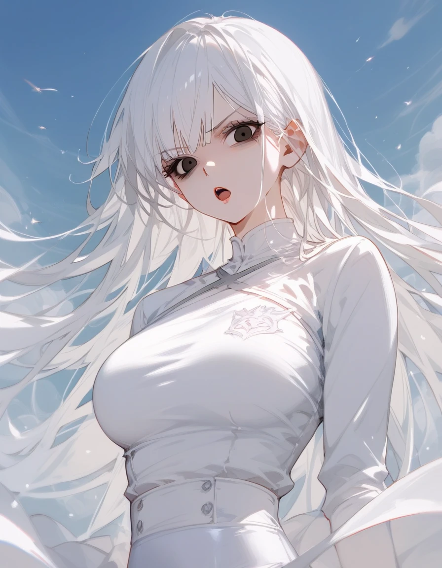 Superior quality, Masterpiece, ultra high resolution, of a 1 girl with long bangs that cover her eyes, her skin is white and she wears a very tight long sweater 