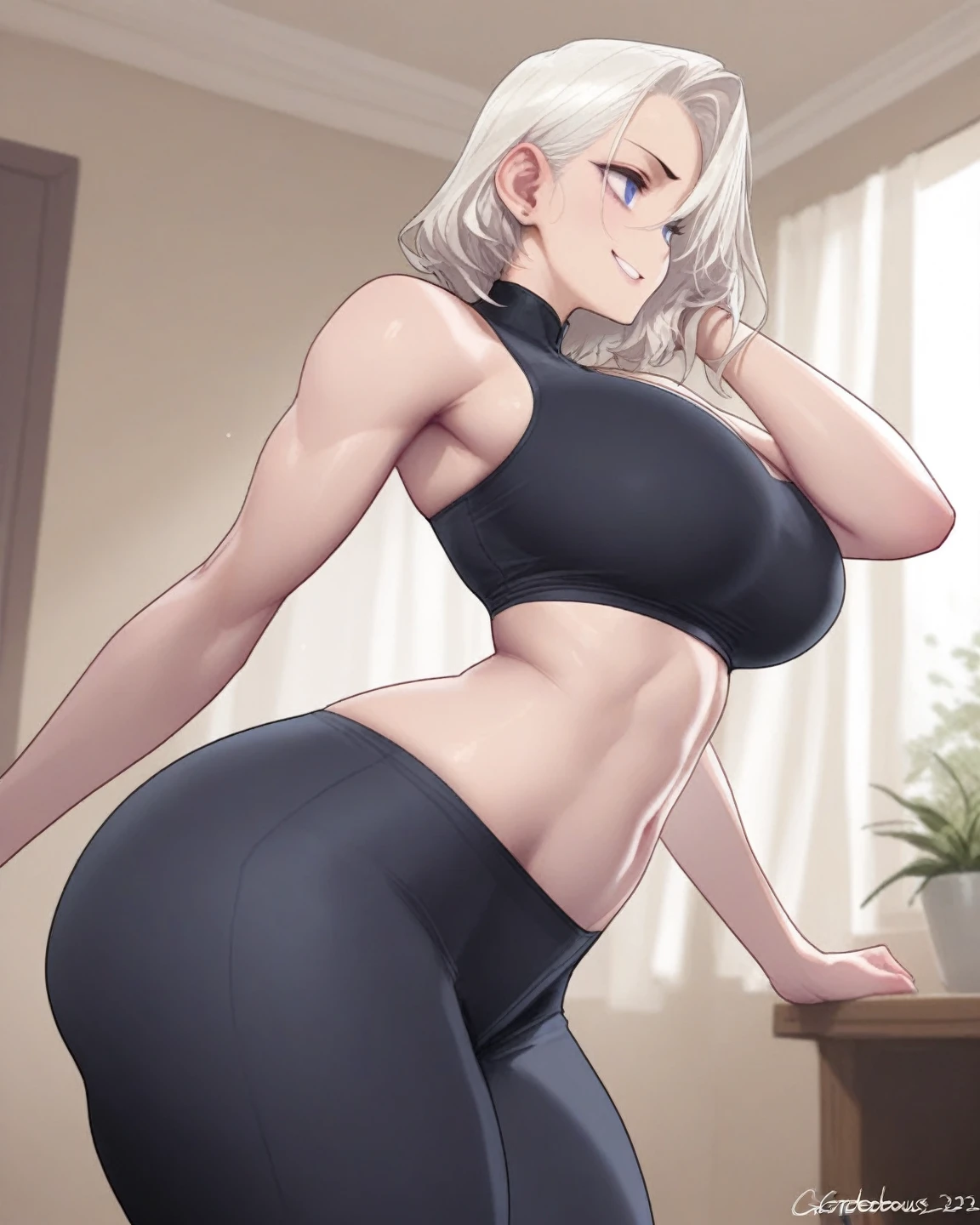 score_9, score_8_up, score_7_up, 1girl, mature female, breasts, closed eyes, solo, sports bra, grey hair, armpits, cleavage, navel, pants, sweat, smile, huge breasts, arms behind head, arms up, yoga pants, grey sports bra, thighs, blush, long hair, hair over shoulder, curvy, thick thighs, midriff, closed mouth, hair between eyes, grey pants, living room, standing, usaki tsuki, milf, wide hips, <lora:6dcabd91-9947-4cc4-98d9-6a8f74991806:1.3>