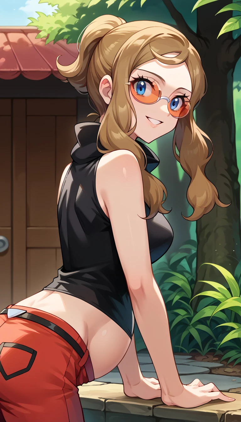 1girl, art by Eiichirio Oda, nami at the edge of a forest, sea at the background, nami is wearing a short pink shirt tied near breast, black panty, tied hair, black bra is visible through the shirt, full body image, pushing of panty