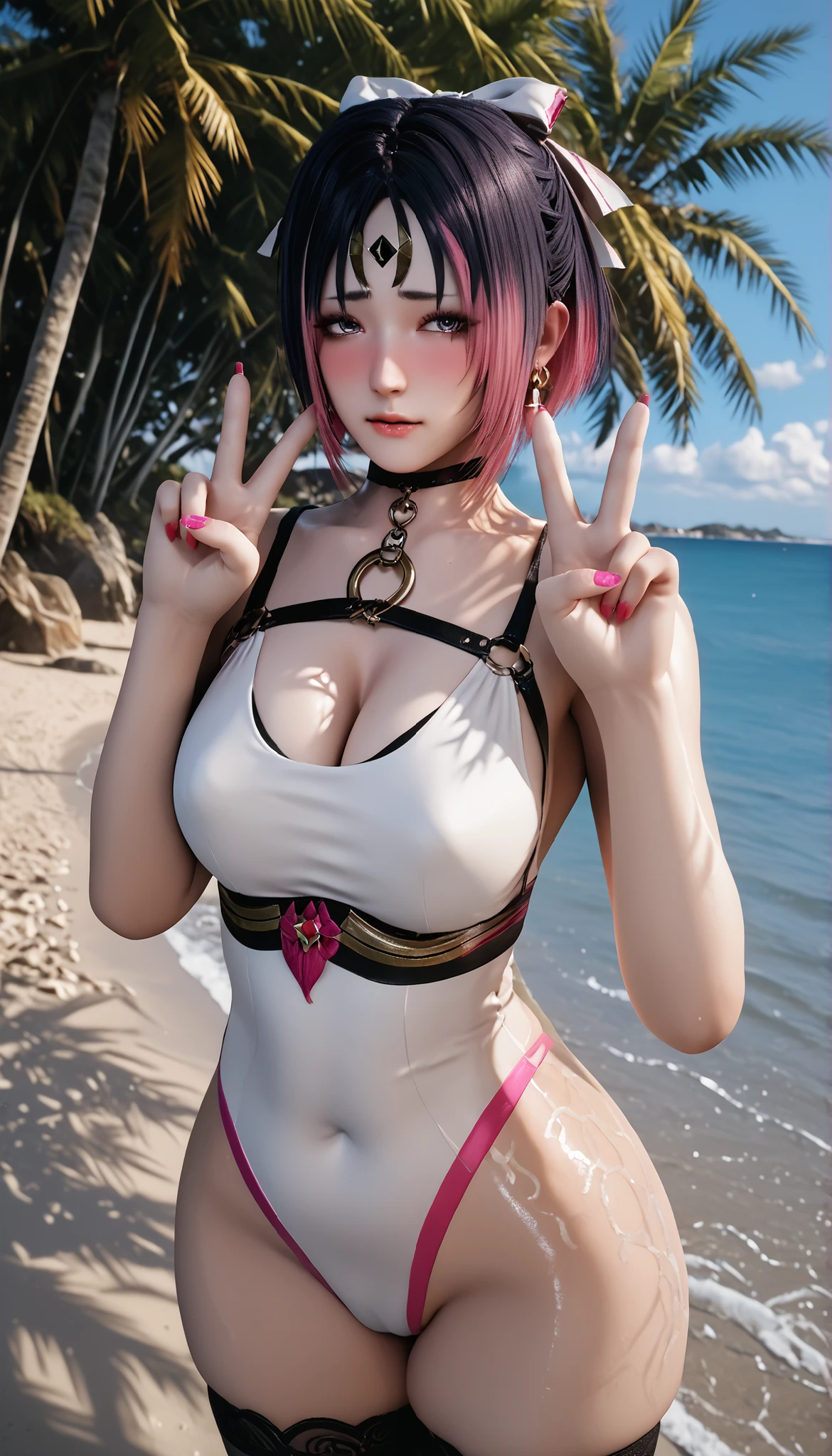 ry4nr30s, Ryan Reos, Ryan Reos Art Style, Boquetman, ((Cinematic, unreal engine, eye-catching, ambient occlusion, UHD, masterpiece)), comic, score_9, score_8_up, score_7_up, score_6_up, score_5_up, score_4_up, uncensored, detailed background, vignetting, masterpiece, Cinematic, high quality, absurdres, best quality, very aesthetic, newest, digital art, trending on ArtStation, ((anatomical correct)), perfect body, perfect eyes, perfect fingers, gasping, heavy breathing, gasping profusely, cinematic, ((skindentation)), ((curvy)), short hair, black hair, colored inner hair, multicolored hair, pink hair, black eyes, bags under eyes, plump, (embarrassed, disgusting face:1.3), 1girl, breasts, navel, thighhighs, solo, white_thighhighs, cleavage, looking_at_viewer, earrings, jewelry, o-ring, choker, red_nails, blush, nail_polish, revealing_clothes, collarbone, bare_shoulders, cowboy_shot, tassel, fingernails, snake, swimsuit, hands_up, hair_ribbon, black_choker, v-sign, ((dappled sunlight)), beach, palm tree, sand, water, dusk