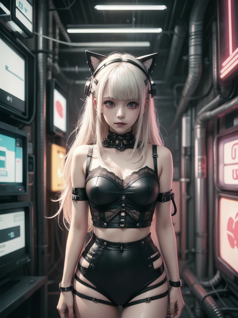 8k, born, Highest quality, masterpiece, Ultra-high resolution, colorful, Portraiture, (medium wide shot), (Dynamic Perspective), Sharp focus , (Depth of written boundary, Bokeh:1.3), Highly detailed eyes and face, Beautiful attention to detail,
(So noble and beautiful), Cinematic Light, (1 Mechanical anthropomorphic white wolf girl), View your viewers, White ceramic body, Glowing android blue eyes, black sclera, Big cleavage, alone, (Mechanical joint), (Mechanical Limbs), (A remote mechanical spine-mounted blood vessel attached to the back), (Mechanical cervical spine attached to the neck), (Wires and cables connected to the head and torso), Neon Details, sf, Full Body Shot, The background is Cyberpunk City, Realistic, Put your hands on your face