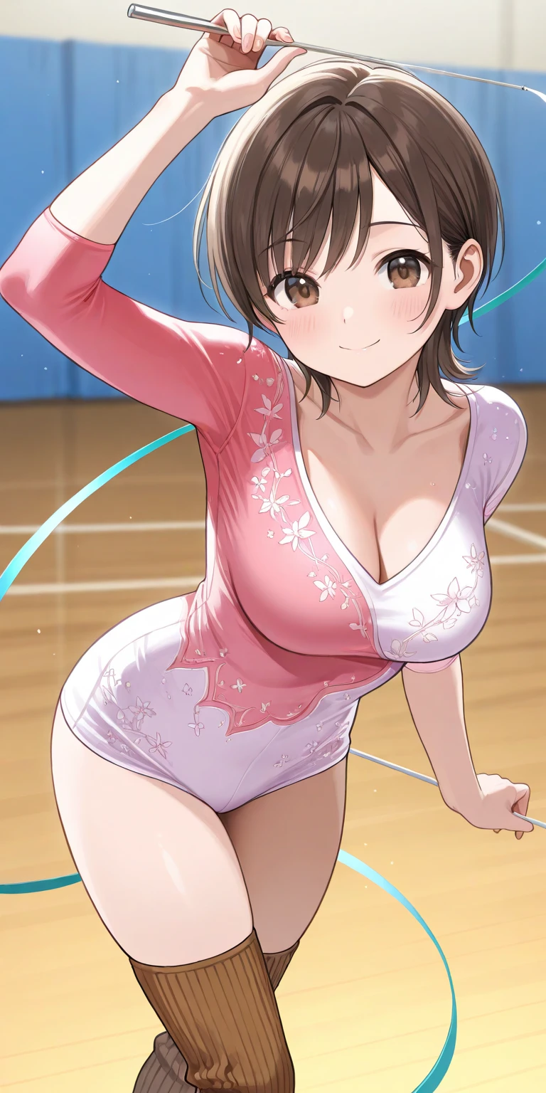 , Young people, 19 years, Brown Hair, Haircut with dull bangs, Brown eyes, beautiful Brown eyes, Large Breasts, Impressive body curves, Mischievous Smile, Pink Lips, , Cute pose, masterpiece, Classroom Background, School、High leg competitive swimsuit