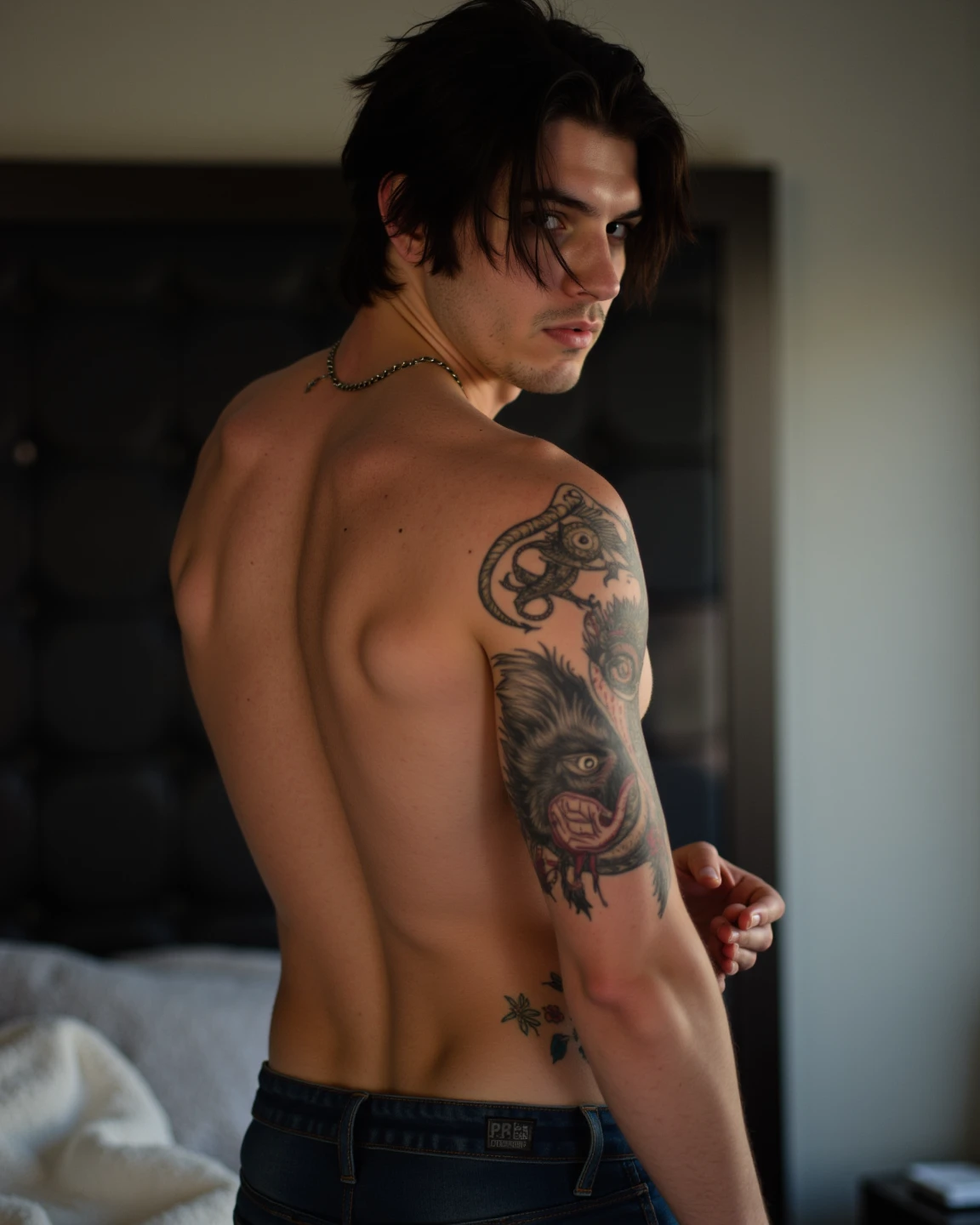 Create a very sexy man in underwear with a tattoo that says Maleficent in 3d 8k