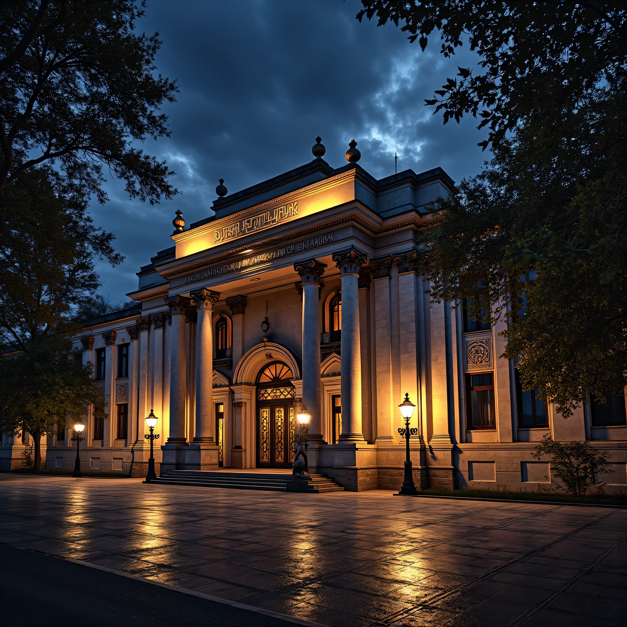 Night view of the Turkish Ankara faculty of fine arts and music Realistic lighting, highly detailed, cinematic style."
---