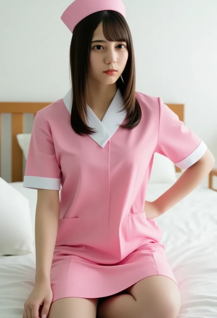 Highest quality、masterpiece、8k、Very detailed、Realistic、One girl、Looking at me with a smile、Black Hair、Short Hair、Small face、Slender、Big Breasts、Thin and beautiful legs、narrow and constricted waist,、(Pink tight nurse uniform:1.5)、(Erect nipples:1.2)、(50 years old:1.2)、(Wrinkles around the eyes)、(wrinkles around the mouth)