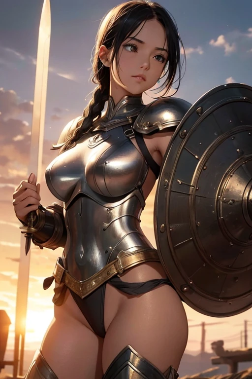 score_9、score_8_up、score_7_up,(lactation through clothes:1.1),nipples standing,(nipples peek:1.4)、(Puffy nippleasterpiece, Highest quality, High resolution)), ((Highly detailed CG integrated 8K wallpaper)), (Big Breasts:1.3、 Very hot and sexy, Incredible beauty, Perfect proportions, Beautiful body, Slim body beauty:1.1), Arafed woman in armor holding sword and shield, north Female Warrior, Very beautiful berserker woman, north adult Female Warrior, Female Warrior, very beautiful , Portrait of a Female Warrior, RPG Portrait Concept Art, (Beautiful warrior, Carrying a dagger and a small shield, Wearing a red scarf, Leather Armor), (Blonde, blue eyes, Dark Skin), (amphitheater, Fighting while being watched by the crowd, Motion Blur), (Combat Stance),Emphasize the chest、From below