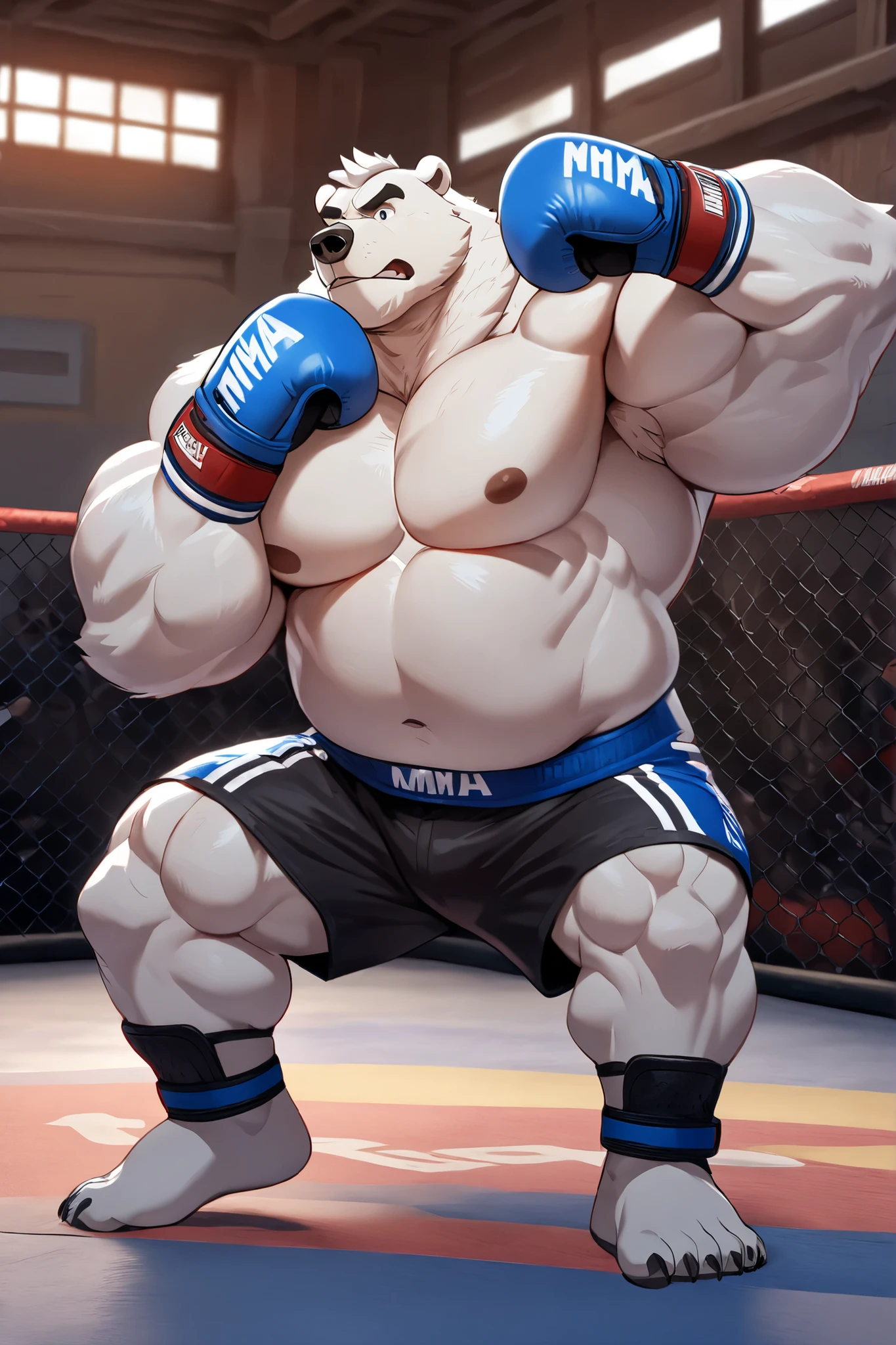 Super muscular adult boar beastman,(Wear a full uniform:1.7),Open your mouth and stick out your tongue,Surrounded by erect penises,(a large amount of semen on the face and body,:1.6),wrestling,(Deep Throat:1.3),(Nipple ring piercing:1.3),Cumshot from huge red and black erect penis,scrotum,(Masked:1.5),Brown fur,Black hair and beard,(Handjob),Hands behind back