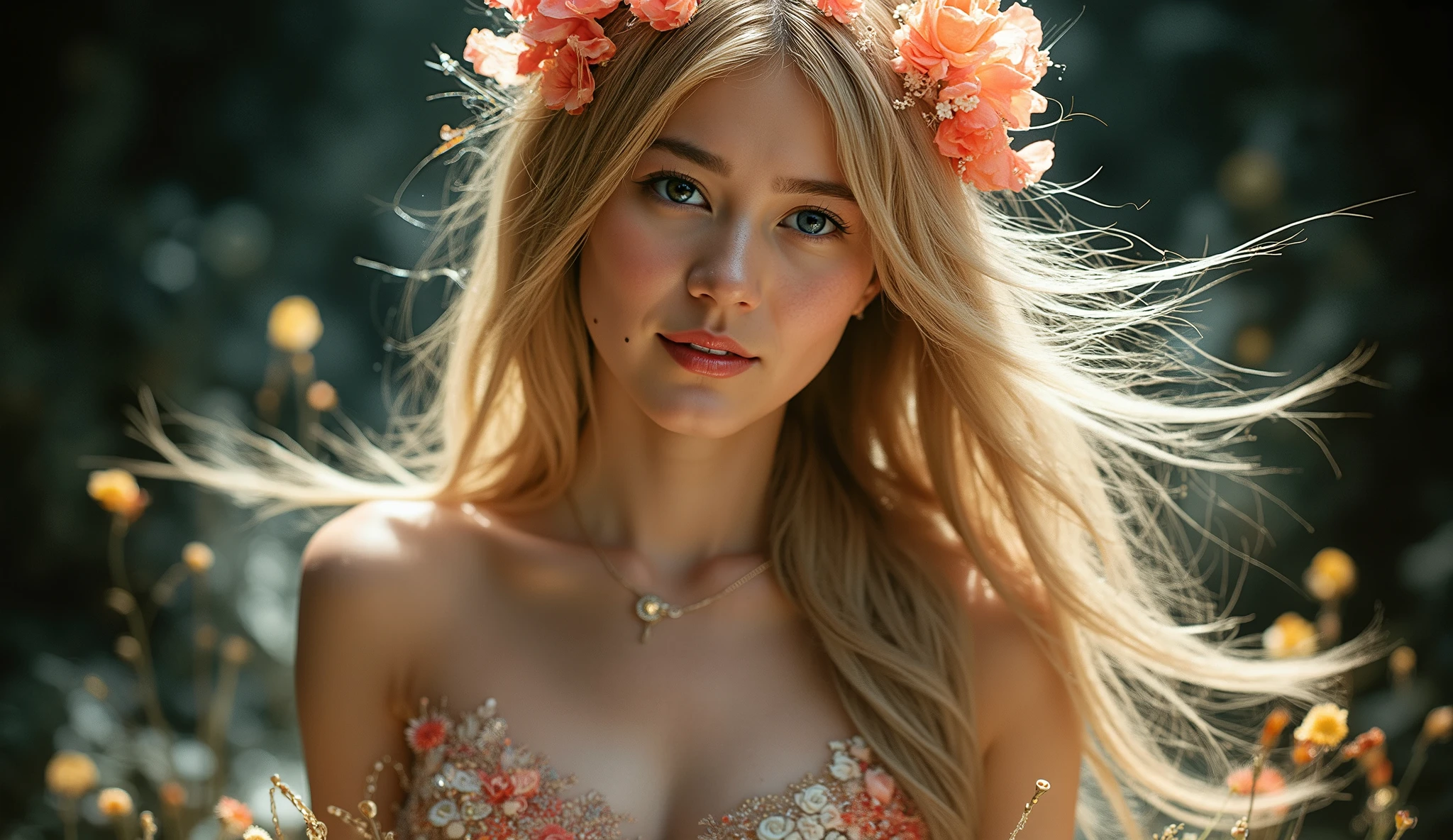 Picture of a flower of hope , (Skeletal:1.3), ((female decorated princess)), ( long, 1 woman with fluttering blond hair ), (Beautiful bright blue eyes), Big Breasts, Chest, (erect nipples with hands), Slender Body, abs, curvy body, naked ass, Art Station Trends, Jean=Flower of Hope by Honoré Fragonard, Peter Maubbach , Super Detail, Insane detail, great, complicated, elite, art nouveau, decorated , Liquid wax, chic, luxuryな, luxury, Greg Latkowski, ink style , stickers , vector art, beautiful character design, double exposure photo, luminous design, award-winning, Artwork, Amor black background, (full body),