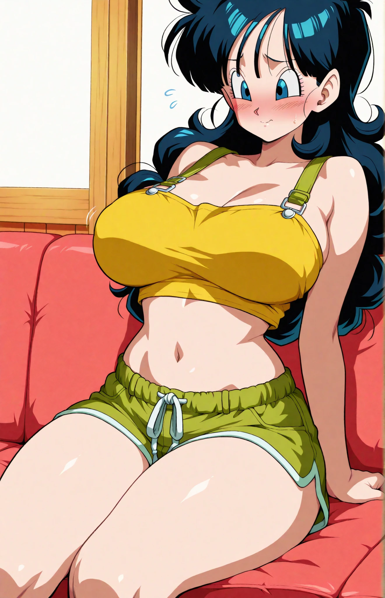 masterpiece, highest quality, High resolution, One girl, sexual intercourse, Pornographic images, short hair, etsukoto, brown Eyes, fine grain, fine grain, (((Thick thighs, Plump thighs, Voluptuous thighs, Thighs alone are enough))), Huge and ample breasts, Cleavage, big long breasts, Naughty big,((big breasts are important))、((Naughty thighs)), L Cup, (thin:1.4),(Tight waist:1.4),  (yellow dress:1.4), ((white waist apron)), white panties, anguish, open mouth, blush, (((Simple Background))), ((Wide Hips)), Shiny, Oily skin, Mature mother, Calf, Seductive mature woman, Perfect body, Plus Size Model, curvy, ample, etsukoto, blush, clavicle, retro artstyle, 1990s (style), (thick thighs:1.4), bursting thigh, ((pov)), (((panty shot))), from below, looking down, lying on bed, spread legs,