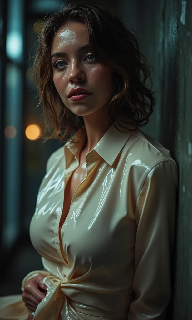 full body shot photo of the most beautiful artwork in the world featuring a modern female teen girl, (no bra:1.4), small lips, colorless lipstick, slow motion, reflections, realistic, highly detailed, (cyberpunk sexy teen girl), ((((open shirt)))), small breasts, ((futuristic tokyo)), ((neon lights)), night, intricate, large scale, realistic proportions, smooth, sharp focus, 8k, dramatic, photorealistic painting art by midjourney and greg rutkowski