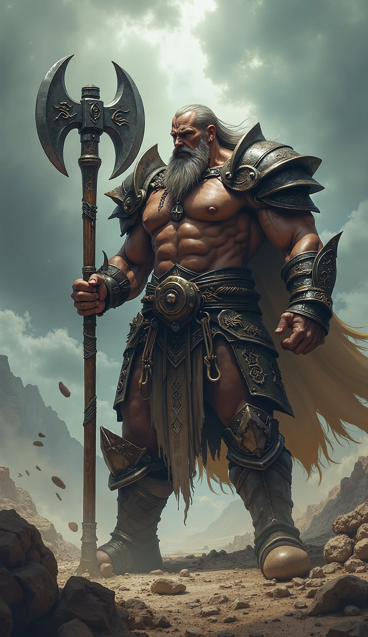 Create for me a dark and bloodthirsty Viking, very strong and with his axe in his hands in sheepskin clothing with CLOTHING