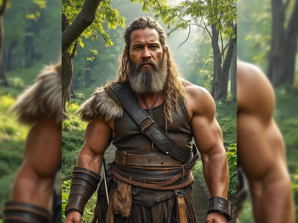 Arte em estilo colorido do Artista Alex, Man Dwarf Short Bodybuilder Dark Medium Skin No Hair Bald Long Beard Redhead, pet bode gigante, vestido com tecido e folhas como um monje, wielding a rustic staff, cereno e tranquilo, Scenery of the Amazon Rainforest,