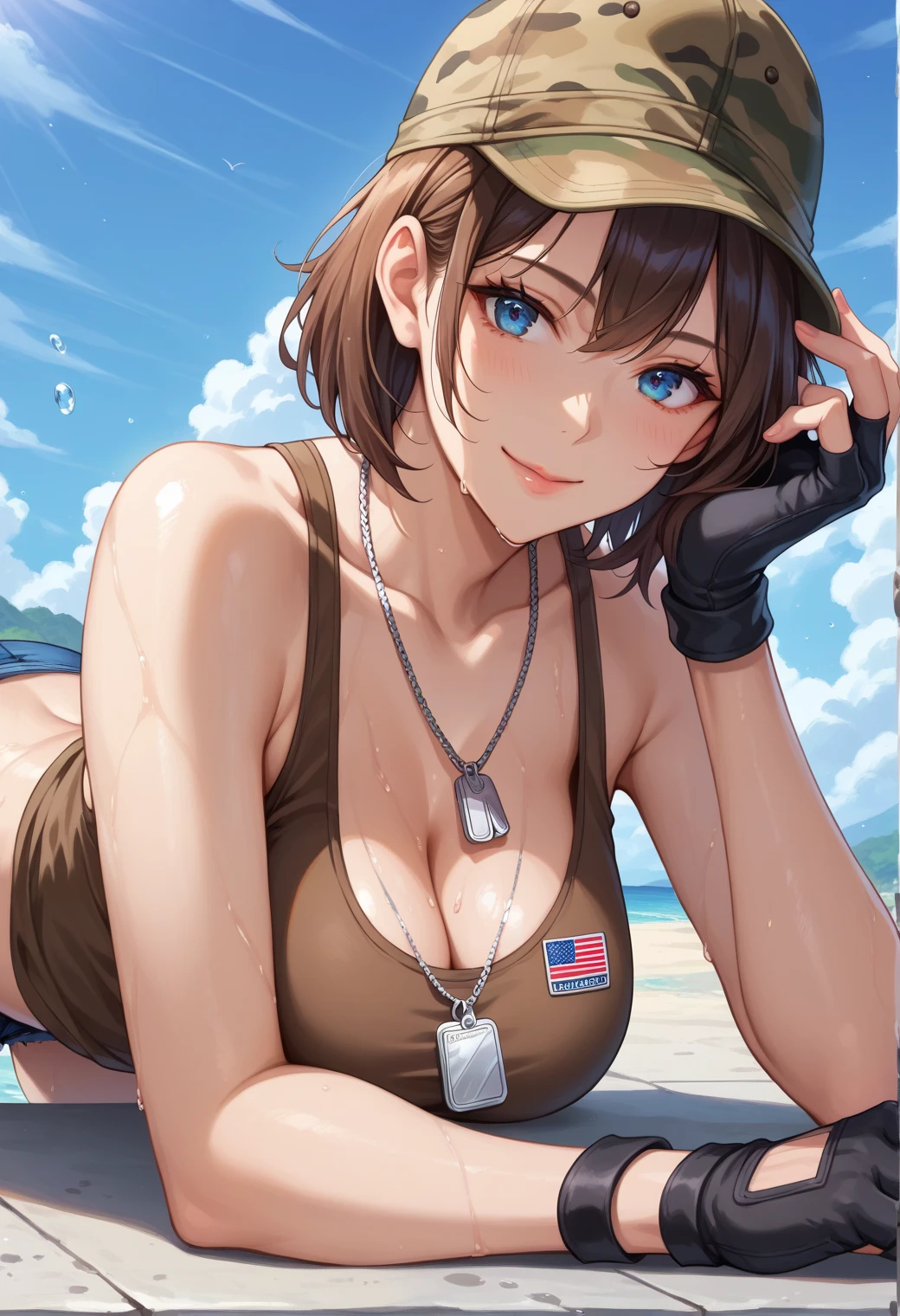 1girl, police hat, bikini, brown hair, pixie cut, hourglass figure, highleg, policewoman, police, smile, blue eyes, beach, large breasts, thick thighs, wet, smile, smirk, smug, very short hair