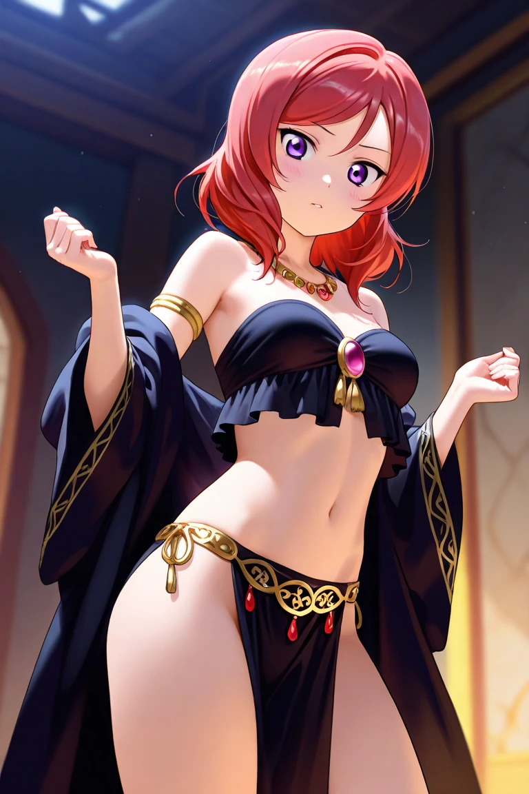Nishikino maki, Purple eyes, blush, smile, bangs, navel, hair_between_eyes, bare_shoulders, jewelry, closed_mouth, earrings, midriff, pants, off_shoulder, see-through, cosplay, arabian_clothes, harem_pants