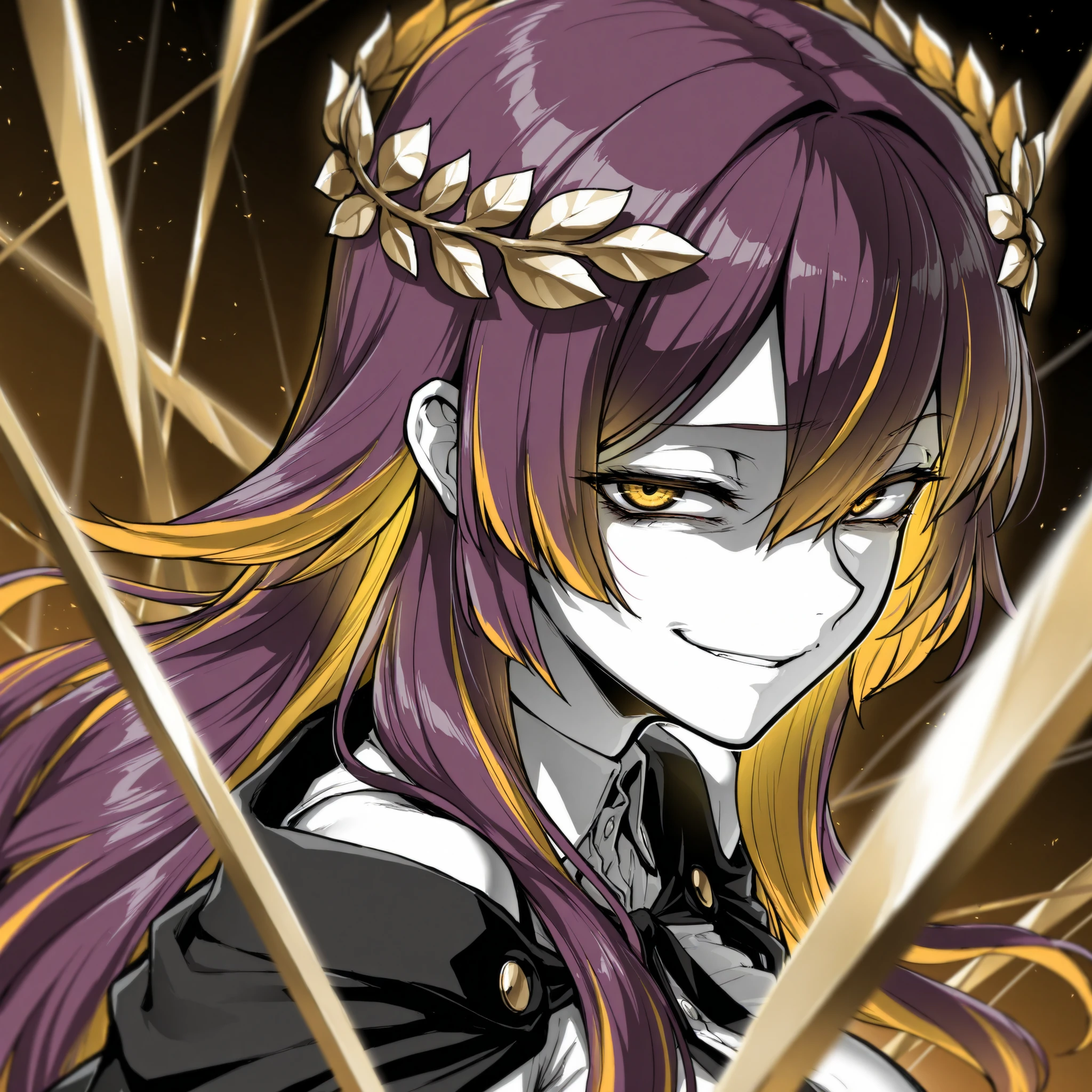 masterpiece, best quality, amazing quality, very aesthetic, high resolution, ultra-detailed, absurdres, (hands:-0.22),
1girl, woman, solo, mature woman, (looking at viewer, portrait, medium shot:1.19), LineAniAF, monochrome, greyscale, ebiblue, (coloured eyes, narrow eyes, smug smirk:1.01), (seeledef:0.83),hair between eyes, exposed shoulders, golden eyes, very long hair ,(multicolored hair, golden hair:1.33), purple hair, laurel crown, dress shirt, buttoned up t-shirt, black overcoat, jacket cape, formalwear, suit and tie,
BREAK, depth of field, volumetric lighting