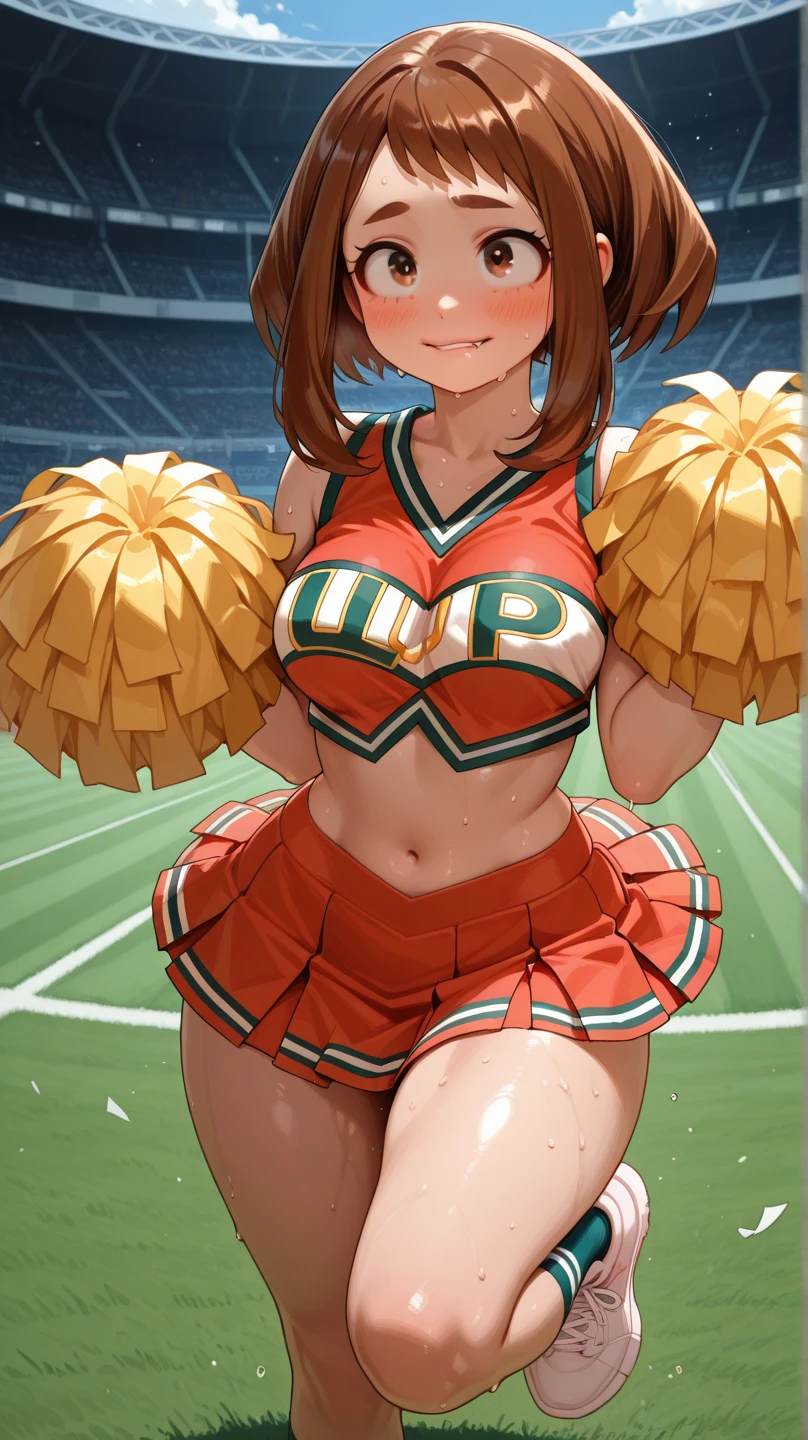 amicia michella - nijisanji, naime style 1girl, (((bimbo))), brown short hair, yellow inner hair, wavy hair, green eyes, (((bimbo))), thin lips, painted lips, shy smile face, wide hips, thick thighs, huge round ass, curvy accentuated booty, shiny oily breasts, cheerleading, cheerleader uniform, pom pom, full body, gym, nsfw
