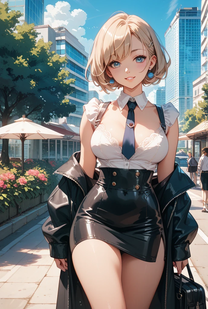 Anime style, super fine illustration, highly detailed, beautiful detailed, perfect detailed, super high quality image, static representation, gentle expression, happy expression, the pretty image, super stylish, 8k, pretty 1girl with blonde straight short hair & blue eyes & a bright smile & full bust & soft fair skin is a career woman supervisor who is very hard working not to show her skin wearing big white business shirt & black tight skirt & black pantyhose on the urban business buildings street, in the morning, solo, perfect fingers, no more fingers, no less fingers, perfect arms, no more arms, perfect legs, no more legs, no more hair, masterpiece.