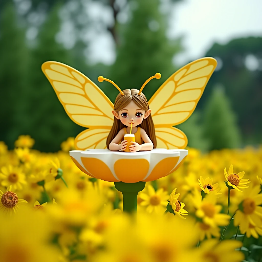 A whimsical and dreamlike photo taken from the front camera angle about the whimsical photo of a small butterfly woman with wings and tentacles surrounded by yellow flowers and green trees. The image also shows a dwarf woman with large yellow wings and a slender body with butterfly wings and tentacles placed in the centre of the image, leaning on a flower-shaped counter table, drinking juice with a straw, spreading her wings wide, and moving It gives you a feeling of ki. A dwarf woman with butterfly wings and tentacles, wearing a simple and brightly coloured casual dress, has bronze hair like a human woman, and her body is arranged to look like it is floating on a yellow flower field. There are green trees in the background. The overall style is soft pastel with a focus on dwarf women and flowers with butterfly wings and tentacles.