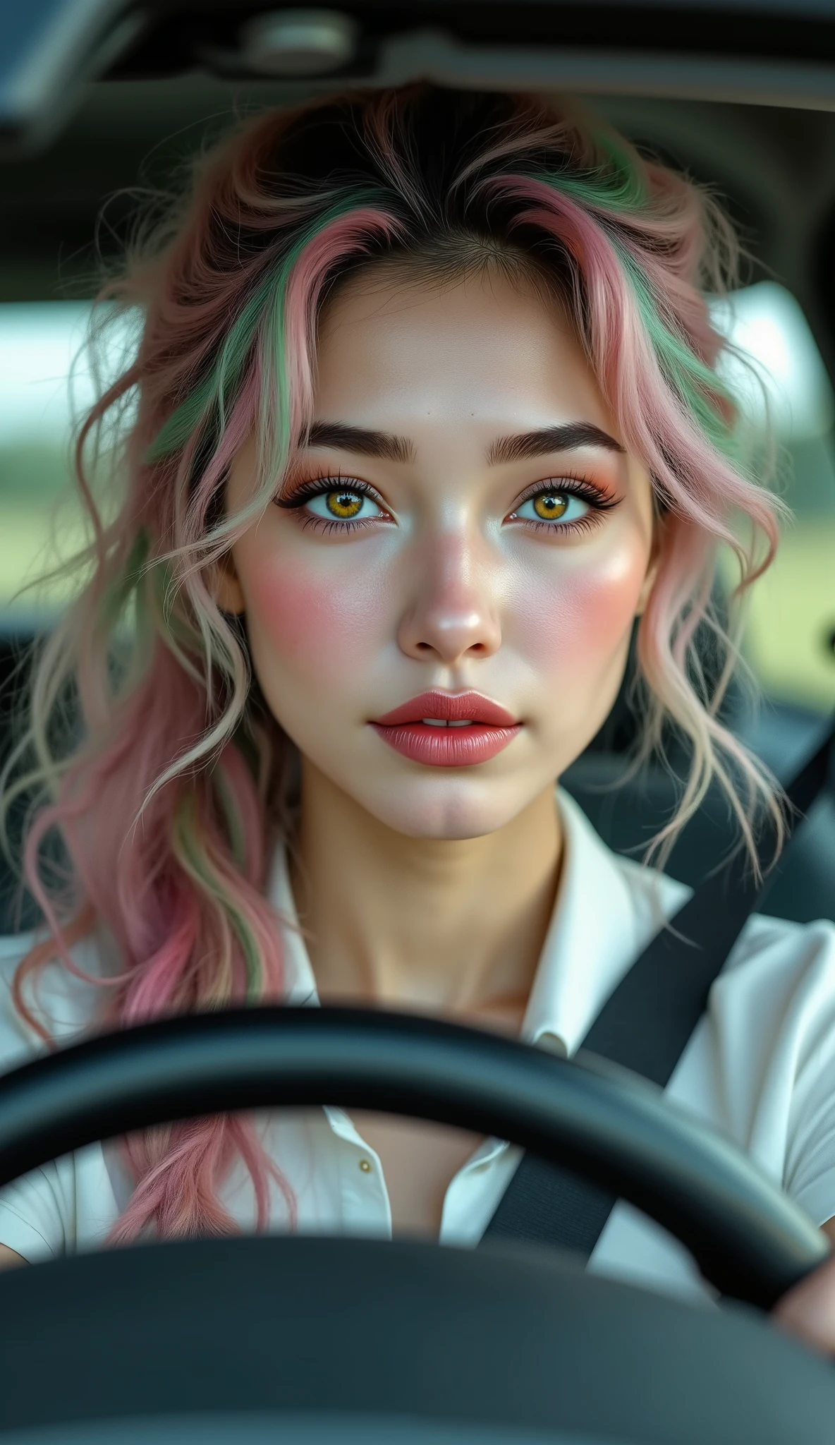 Realistic ((Photorealistic realism)), Hyper high resolution, ((Hyper insanel quality, epice masterciece, intricately detailed digital art)),((focus on extremely Realistic Proportion Body:1.3), ((full body photo)), perfect pear shape with her friends, pink and green hair, long ponytail hair, ((sharp focus, no blurry eyes, Hyper absurd quality, Hyper details,Hyper realistic yellow eyes:1.4)), (perfect round eyes), (finely detailed pupils, (extremely fine details pupils)), pink lips, clean skin, pale skin, golf, 그녀는 프로 golf 선수이다, She is traveling in a car to hole 1, Mobile vehicle, She is wearing a white shirt, a black short skirt, and black sneakers, There is a blush on her face, Happy expression, dslr, high quality split lighting, sharp focus captured by Fujifilm XT3, f 5.6,(perfect composition),((look at the viewer)), (Rendering engine: "Unreal Engine 5 path tracing, 16K texture maps") The ultra-Highres,Unreal 5,Subsurface scattering,PBR Texturing,Post-Processing,Anisotropic Filtering,depth of fields,Maximum Sharpness and Sharpness,multi-layered texture,Albedo and Specular maps,Surface Shading,Precise simulation of light-material interactions,perfectly proportions,Octane rendering,Two-tone illumination,Wide Aperture, low ISO, white balance, The rule of thirds
