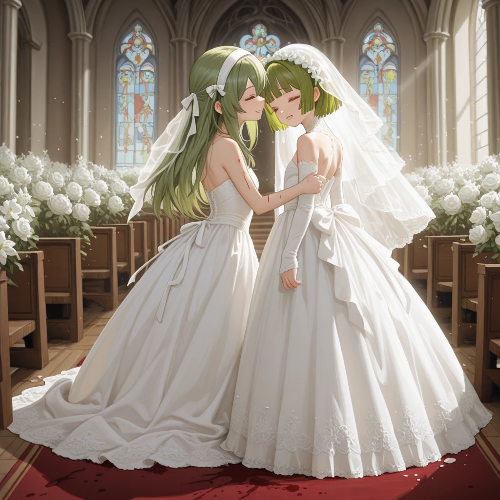 hight resolution、ultra-detailliert、(1girl in:1.3), 教会でthe kissをする二人の女性, Green Satin Long Gloves, Green Wedding Dresses, Green shorthair, lipsticks, the kiss, bride, Green Pearl Necklace, Green Bride, lesbian,emerald tiara, Green Pearl Necklace, Boyish very short green hair, lipsticks, Japan woman smiling, very short short hair, big breasts beautiful, Green eyes, Long green gloves made of satin material, Green eyes