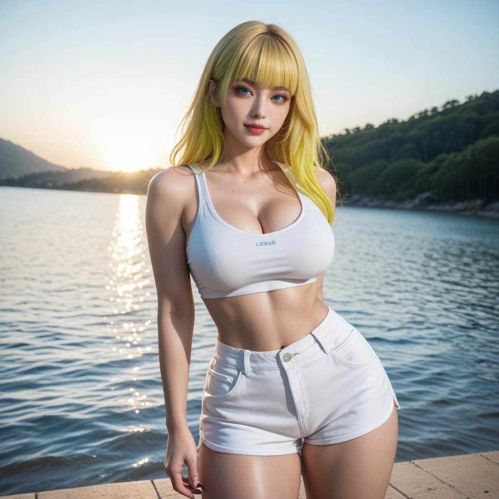1girl, (Blue Eyes), (smiling), (Sana Minatozaki), (beautiful makeup :1.2), wide hips, (big tits :1.1), big ass, (thin waist), (thick thighs), (toned legs :1.1), (Best Quality, 8k, Masterpiece: 1.3), Clear Focus: 1.2, Perfect Body Beauty: 1.4, (strong abs :1.2), Highly detailed face and skin texture, detailed eyes, double eyelids, (blonde long hair :1.2), ((cleavage white sports top :1.1)), ((white sports shorts :1.2)), standing, dynamic pose, on a beach in los angeles california