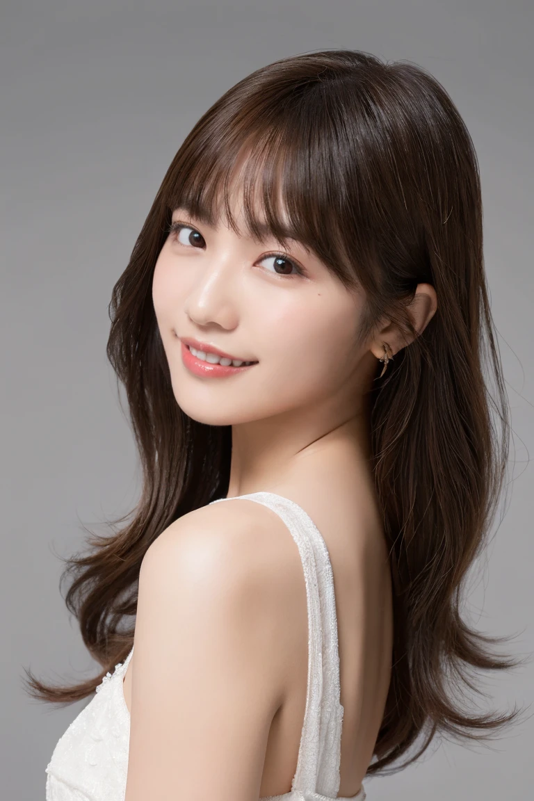 (highest quality, masterpiece), Long straight black hair with bangs。Fair skinned and cute smile。My nipples are pink、small breasts。Shining white shaved teeth、pretty girl、starry sky。medical portrait、thin、heart earrings