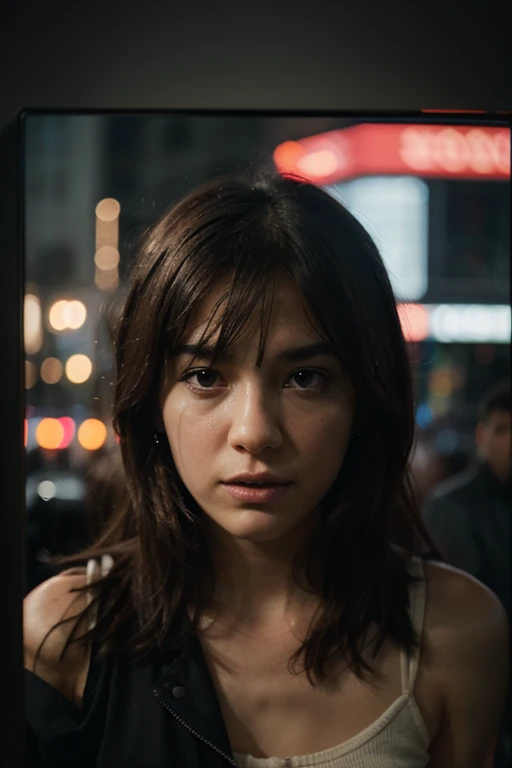 Cinematic photo of a beautiful bokeh train model with white tees and curly hair